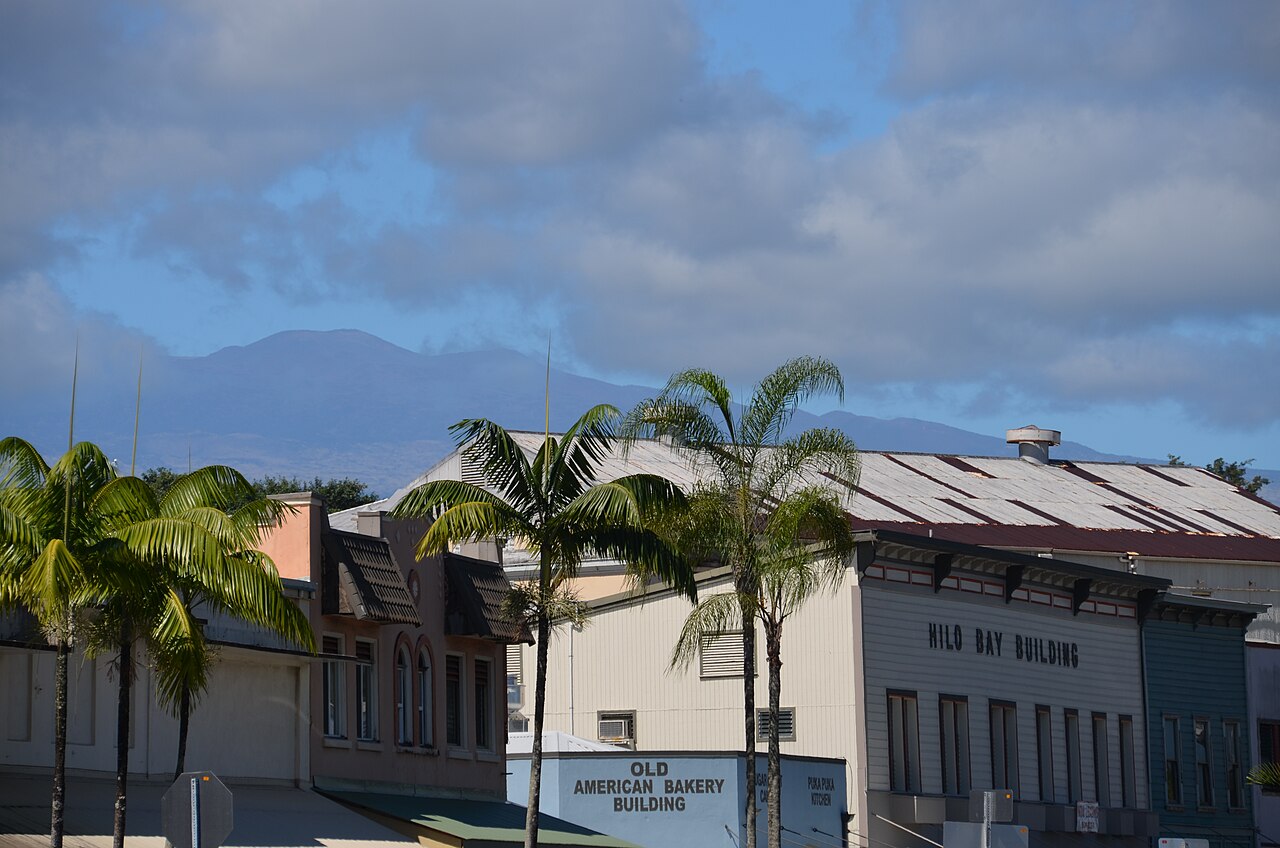 Historic Hilo Bay Building and nearby downtown storefronts